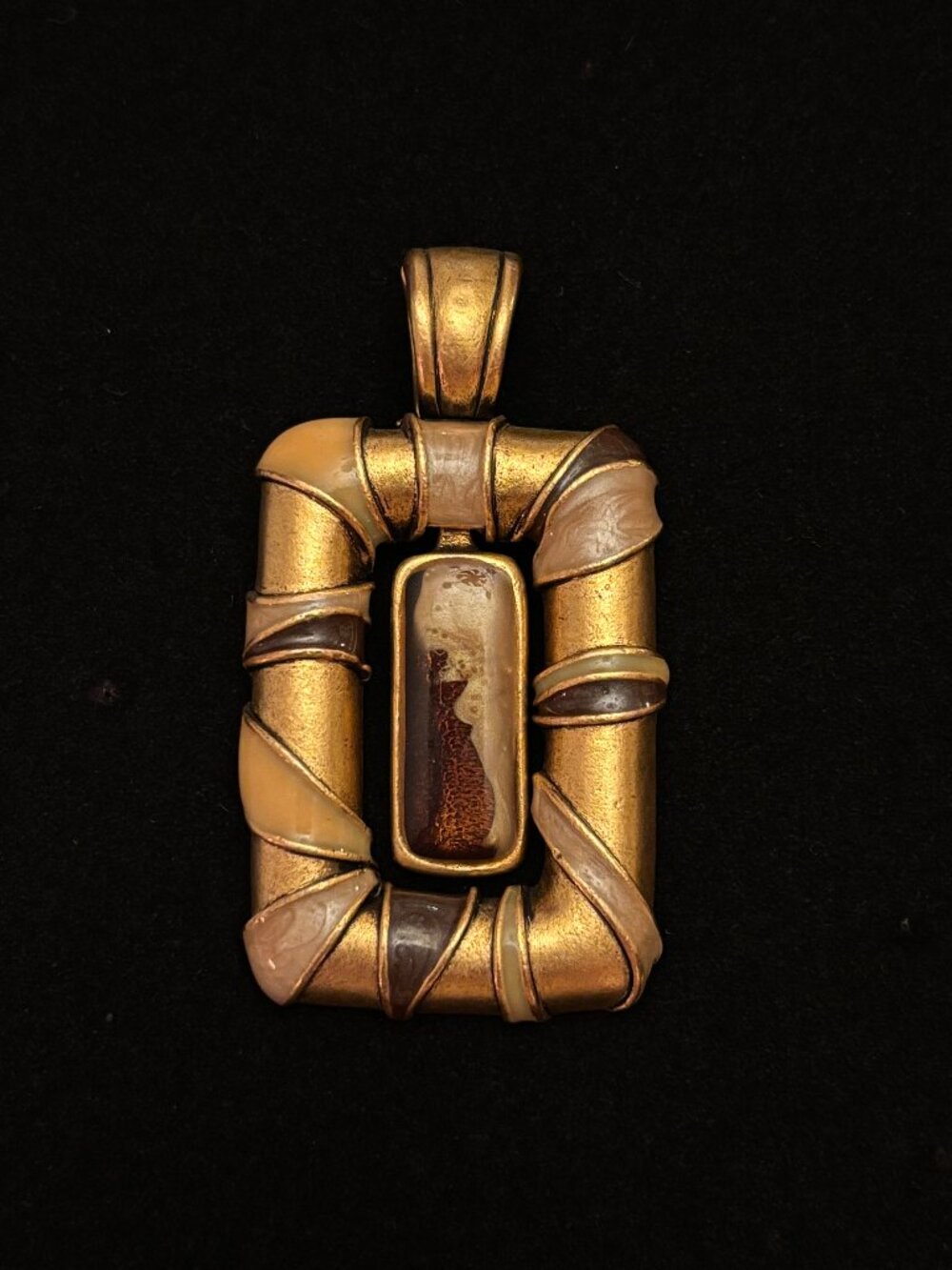 Chico’s Dangling Center Charm Brown Cream Rectangular Gold Tone Pendant